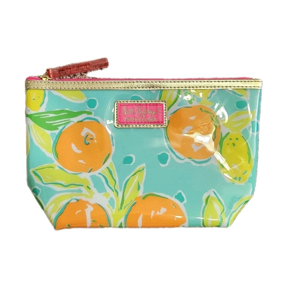 Lilly Pulitzer Orange Print Estee Lauder PVC Cosmetic Makeup Bag Green Pink